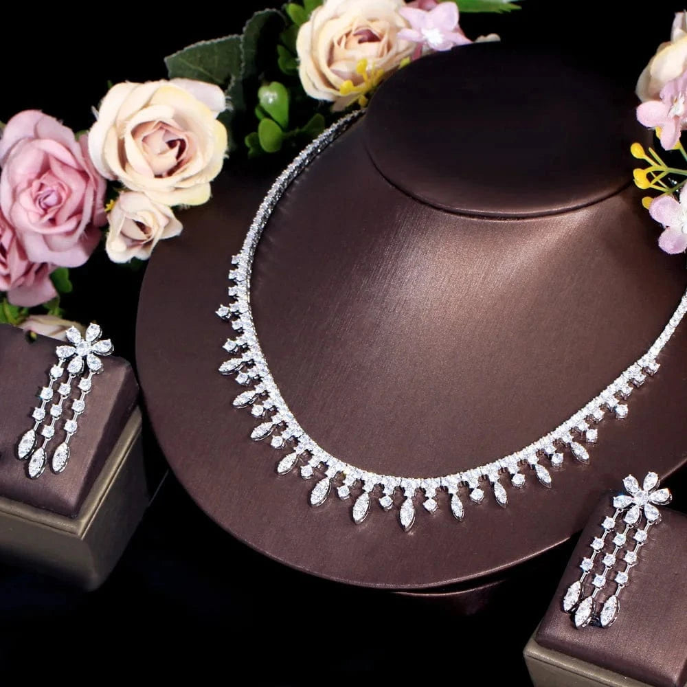 T0918 Top Grade Shiny White Gold Plated Cubic Zirconia Bridal Choker Necklace Jewelry Sets for Women Wedding Party Dress Accessories