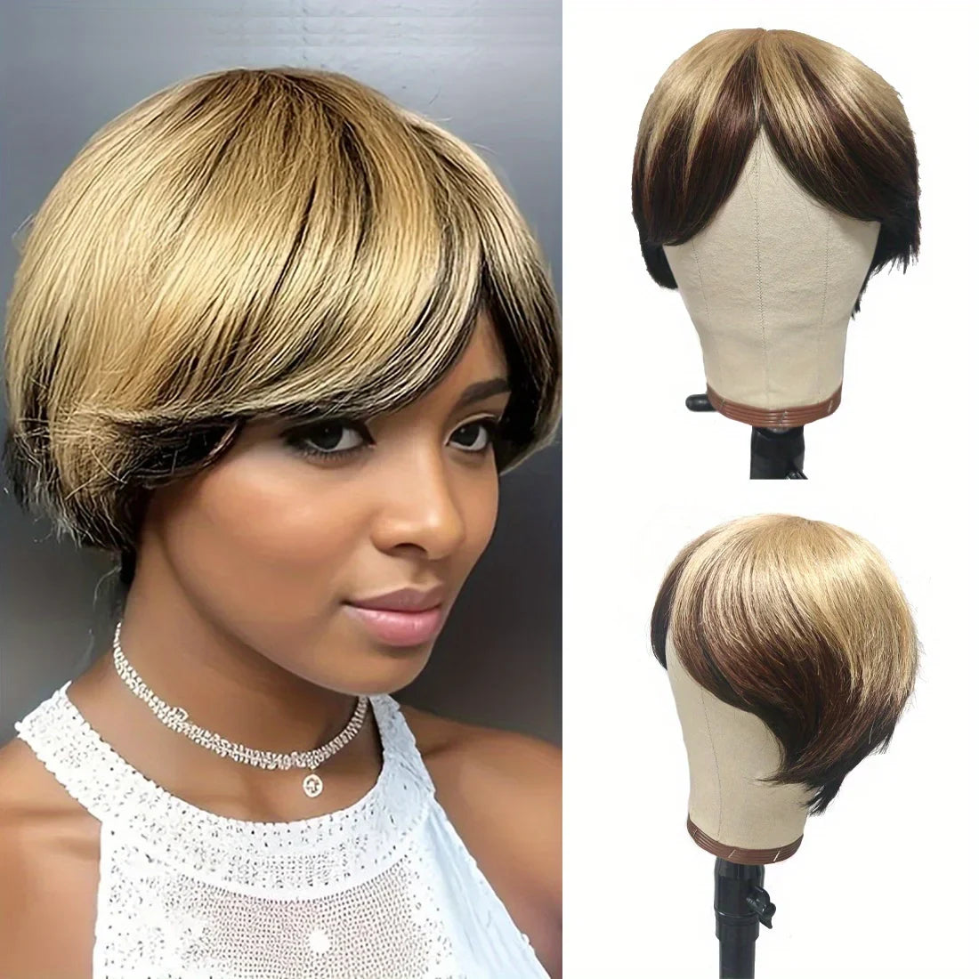 T1B427 / CHINA / 6inches Human Hair Short Pixie Cut Wig 4# Staright Layered Pixie Cut Wig P4/27 Ombre Brown Full Machine Made Burgundy Red Color 613#