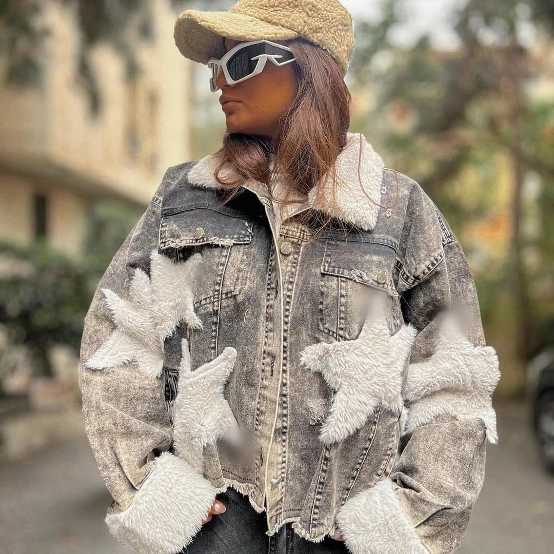 T2905 Women Jacket 2024 Patchwork Pattern Button Jacket Vintage Girls Denim Jacket