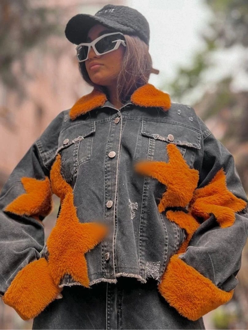 T2905 Women Jacket 2024 Patchwork Pattern Button Jacket Vintage Girls Denim Jacket