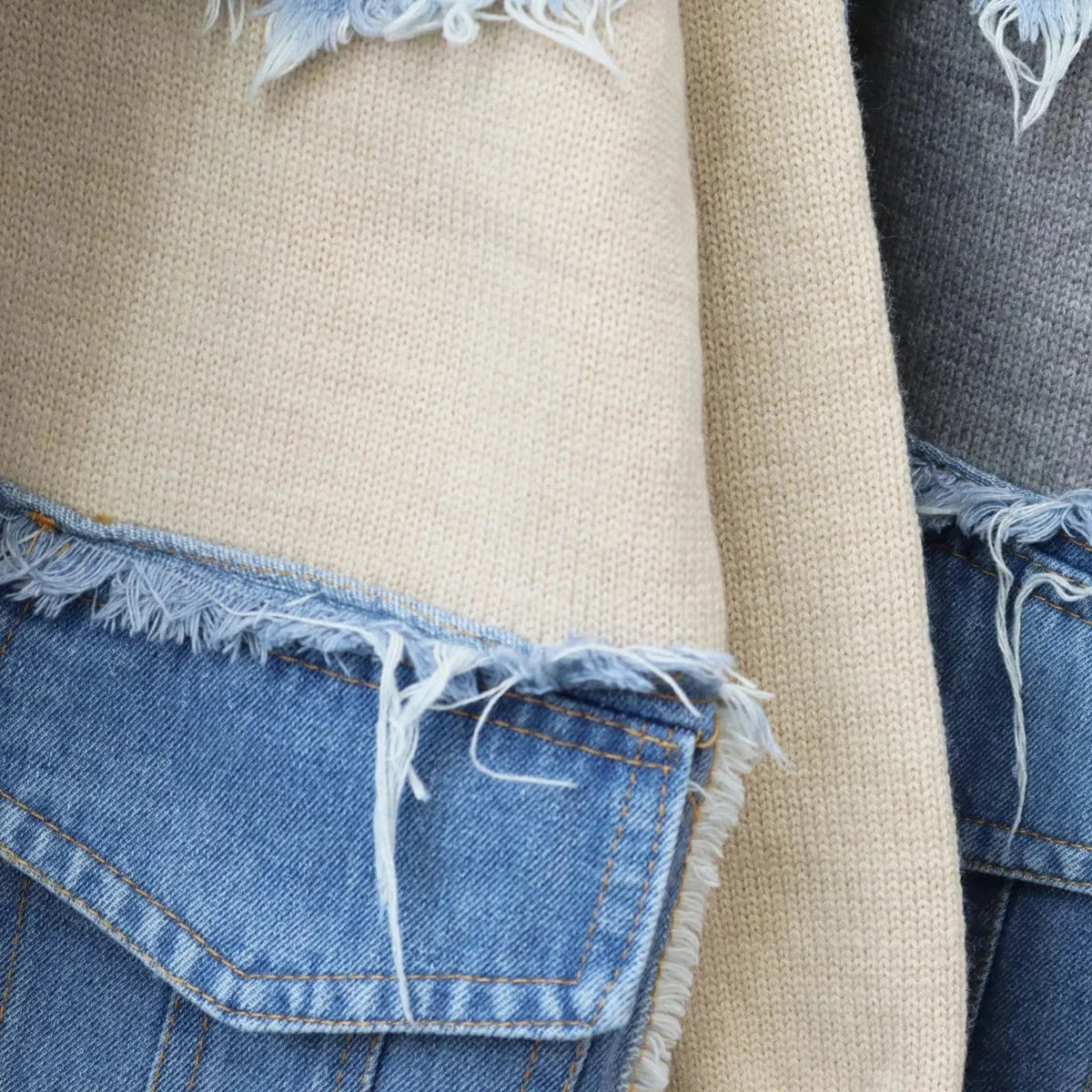 T879 2024 New Arrivals Ready To Ship Winter Warmly Thick Sweaters Patchwork Denim Jeans Coats