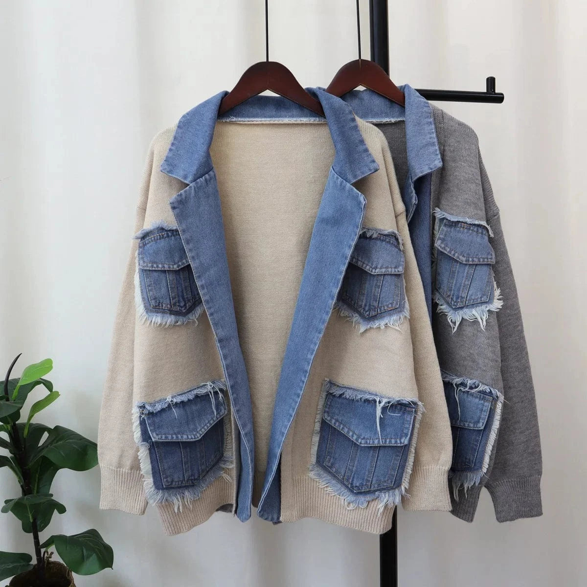 T879 2024 New Arrivals Ready To Ship Winter Warmly Thick Sweaters Patchwork Denim Jeans Coats