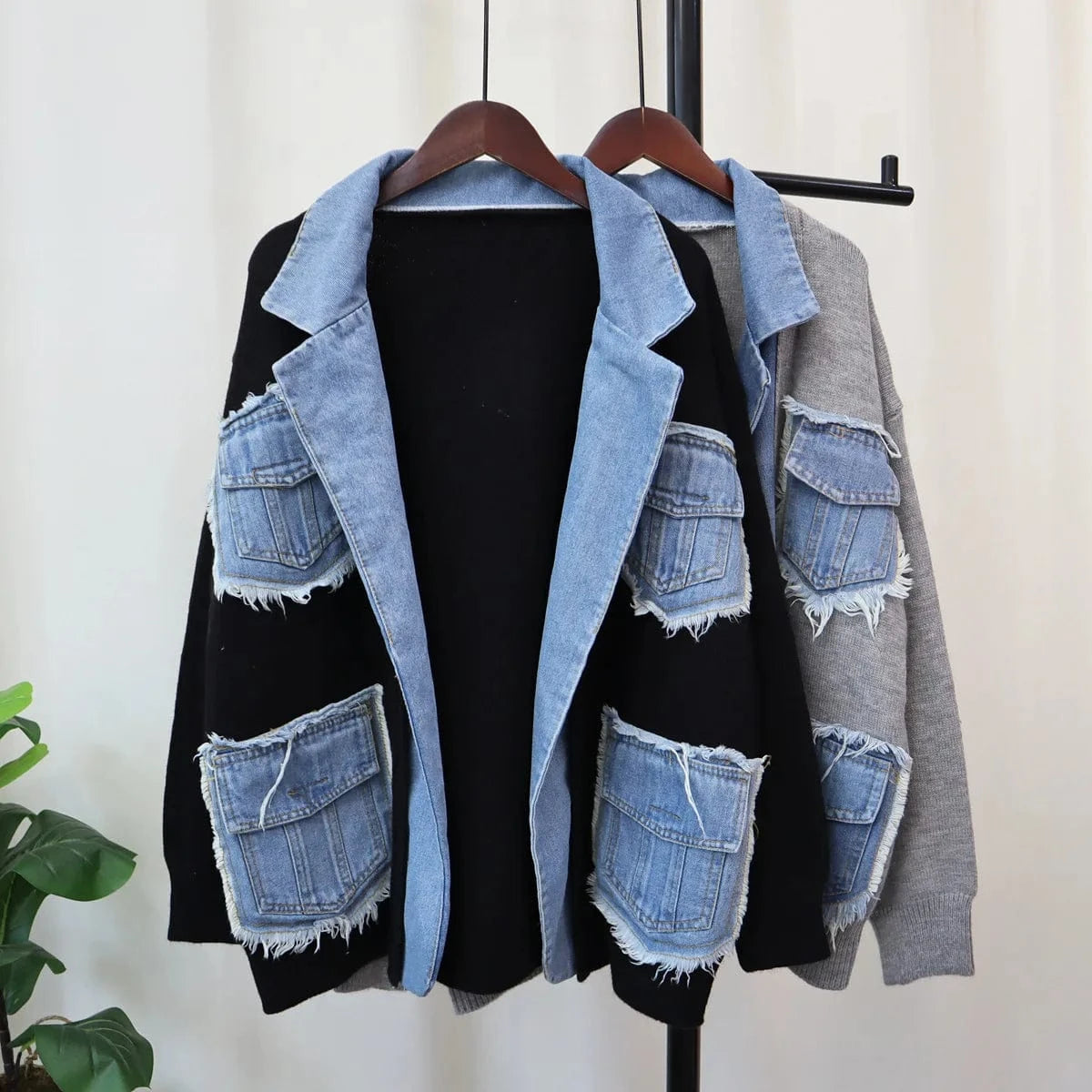 T879 2024 New Arrivals Ready To Ship Winter Warmly Thick Sweaters Patchwork Denim Jeans Coats