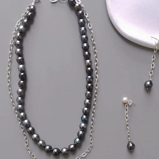 Tahitian black pearl necklace wholesale ladies baroque pearl necklace earring sterling silver 925 pearl jewelry necklace