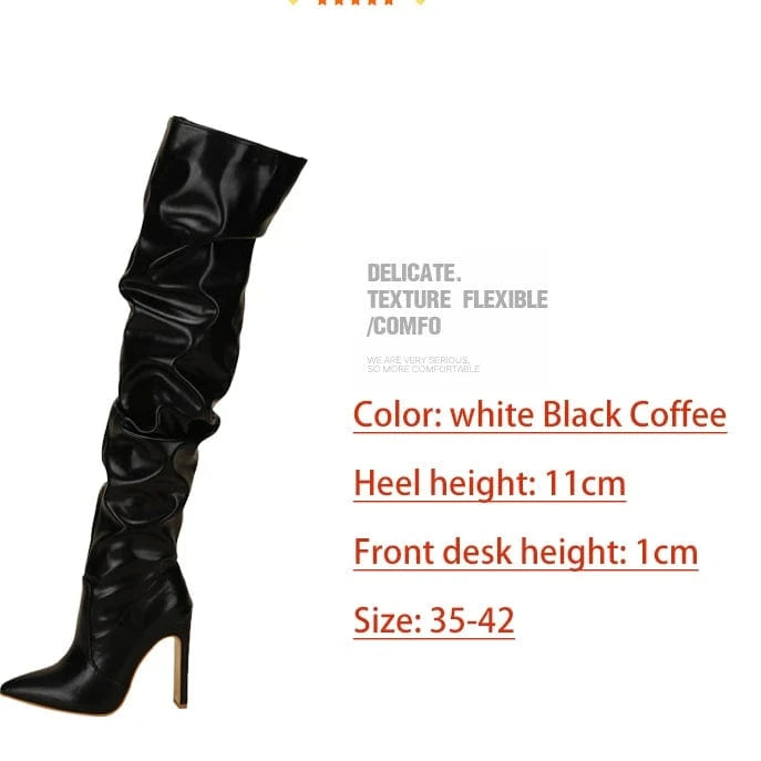 Tallulah Ruched Pointed Toe Block Heel Knee High Long Boot In Black 35-42