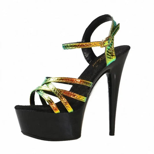 Talons Chaussures Femmes Model Sexy Laser Gold Shoes Roman Hollow Buckle Sandals 15cm Stiletto Platform Heels For Women