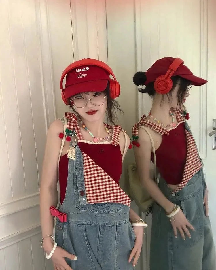 Tank Tops 2024 New Succulent Cherry Embroidered Lace Patchwork Plaid Strap Vest Summer New Camisole Girl Top