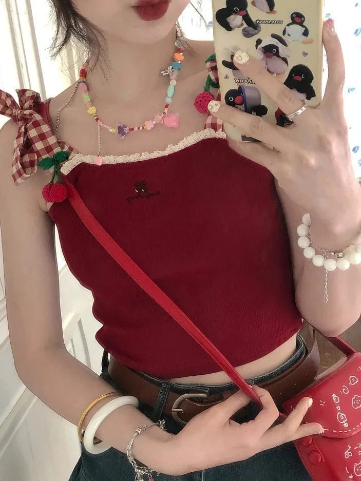 Tank Tops 2024 New Succulent Cherry Embroidered Lace Patchwork Plaid Strap Vest Summer New Camisole Girl Top