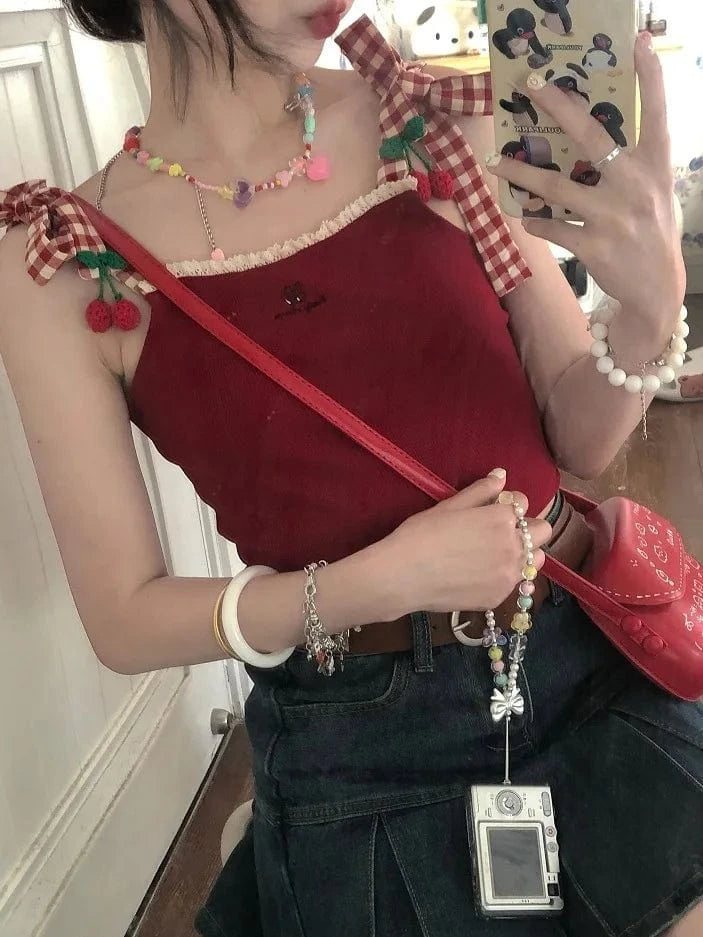 Tank Tops 2024 New Succulent Cherry Embroidered Lace Patchwork Plaid Strap Vest Summer New Camisole Girl Top