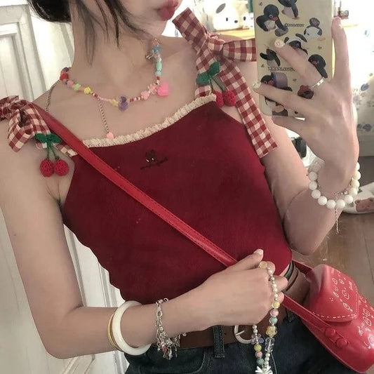 Tank Tops 2024 New Succulent Cherry Embroidered Lace Patchwork Plaid Strap Vest Summer New Camisole Girl Top
