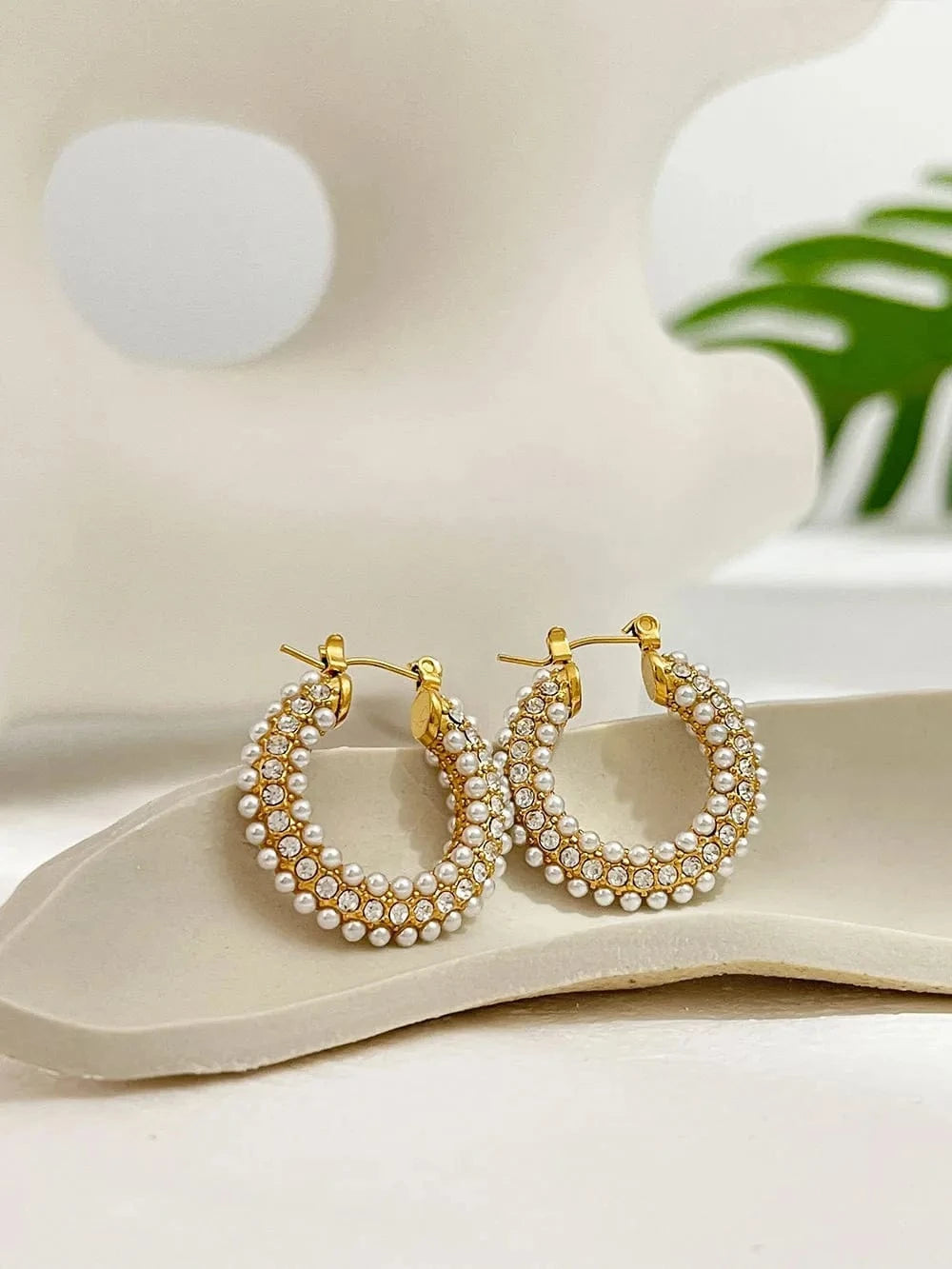 Tarnish Free / 1 High End Stainless Steel Rhinestones Pearls Thick Hoop Earrings for Women 18K Gold Plated Non Tarnish Jewelry