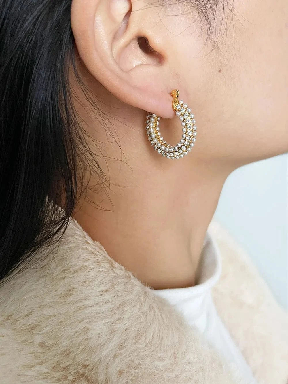 Tarnish Free / 1 High End Stainless Steel Rhinestones Pearls Thick Hoop Earrings for Women 18K Gold Plated Non Tarnish Jewelry