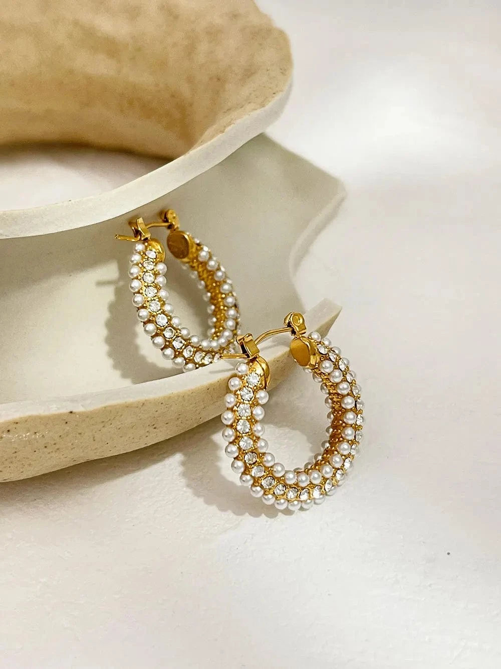 Tarnish Free / 1 High End Stainless Steel Rhinestones Pearls Thick Hoop Earrings for Women 18K Gold Plated Non Tarnish Jewelry