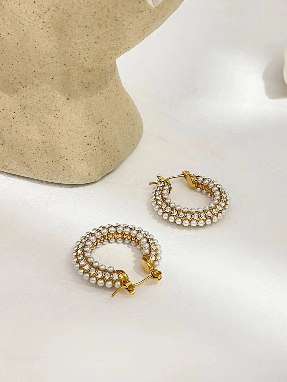 Tarnish Free / 1 High End Stainless Steel Rhinestones Pearls Thick Hoop Earrings for Women 18K Gold Plated Non Tarnish Jewelry