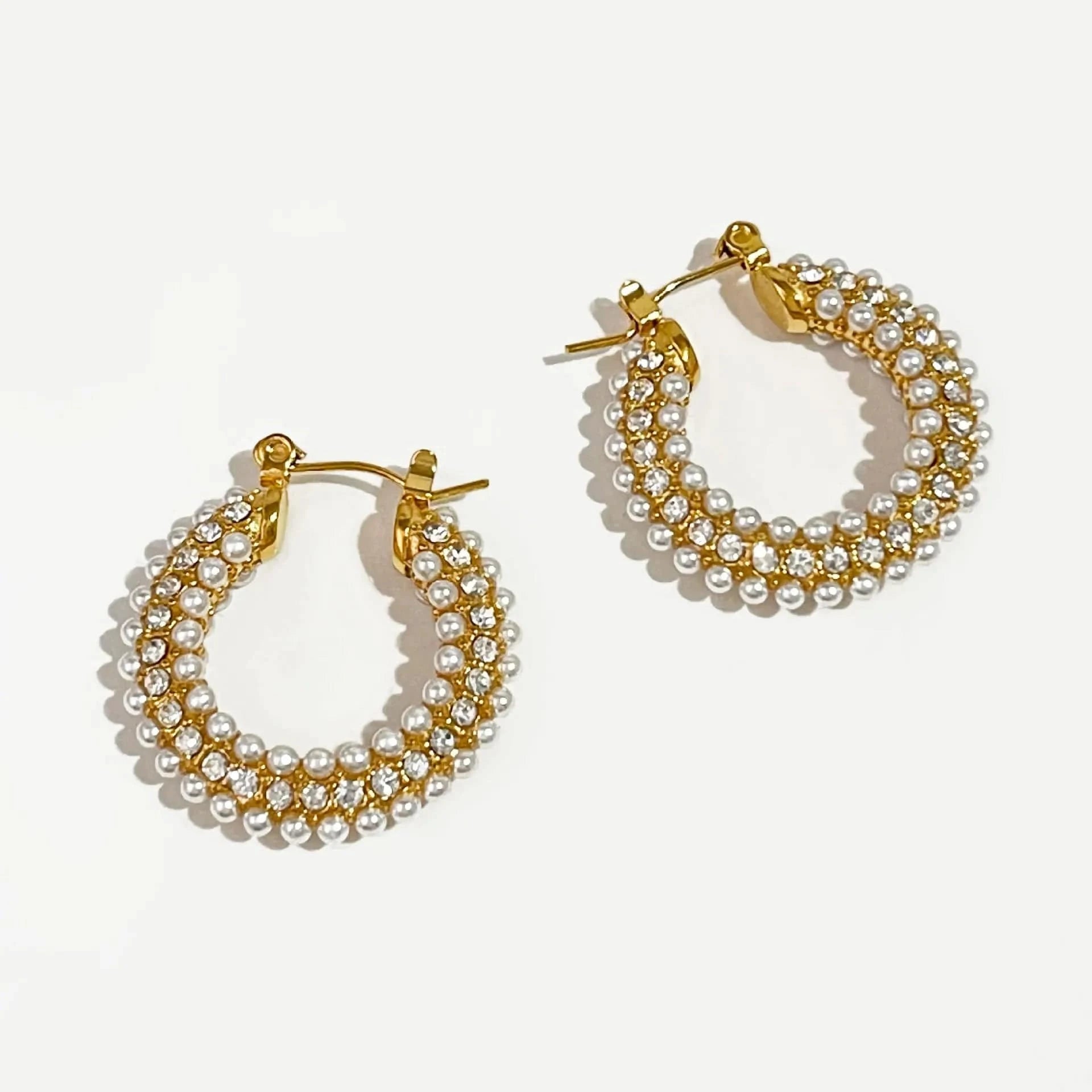 Tarnish Free / 1 High End Stainless Steel Rhinestones Pearls Thick Hoop Earrings for Women 18K Gold Plated Non Tarnish Jewelry