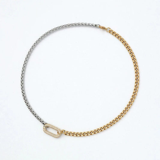 Tarnish Free 18k Gold Plated Stainless Steel Cuban Chain Splicing Chain Necklace Boho Oval Iced Out Zircon Lady Necklace YF5078