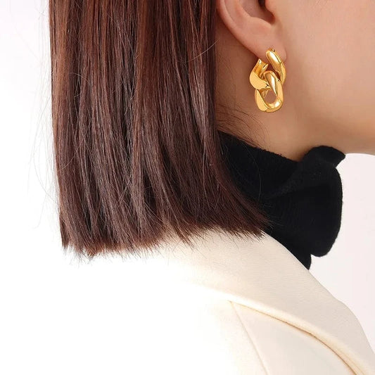Tarnish Free / Gold Ins luxury Aretes Non Tarnish Double Ring Buckle Earrings 18k Gold Plated Stainless Steel Jewelry Chunky Cuban Chain Earrings