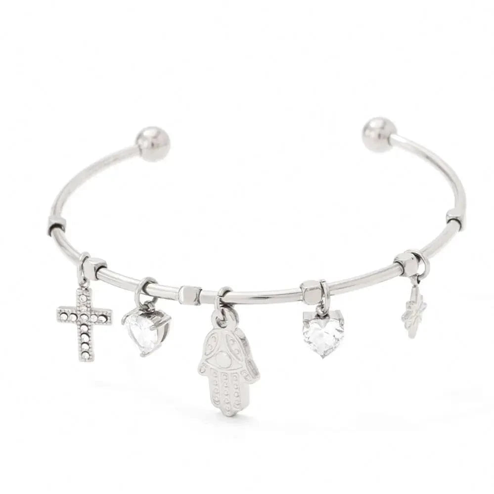 Tarnish Free Gold Plated Open Cuff Bangle Stainless Steel Eye Heart Zircon Cross Hasma Hand North Star Charms Bracelets & Bangle