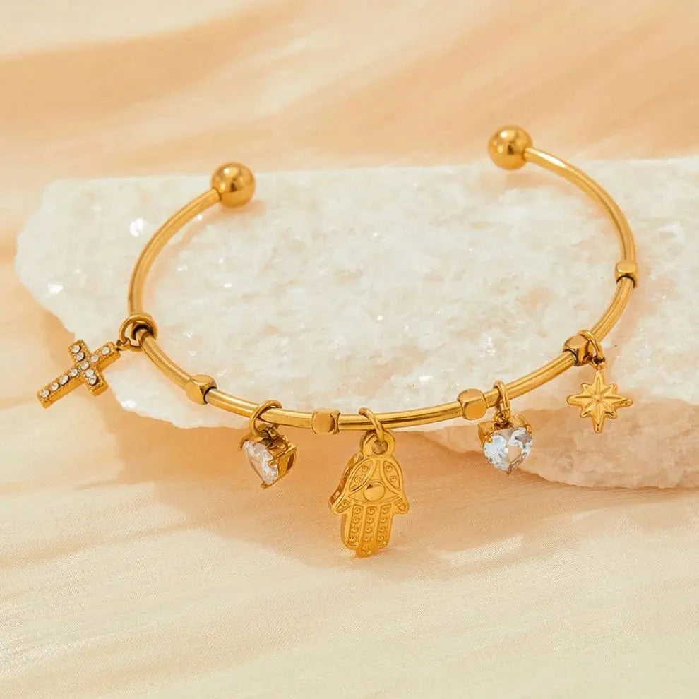 Tarnish Free Gold Plated Open Cuff Bangle Stainless Steel Eye Heart Zircon Cross Hasma Hand North Star Charms Bracelets & Bangle