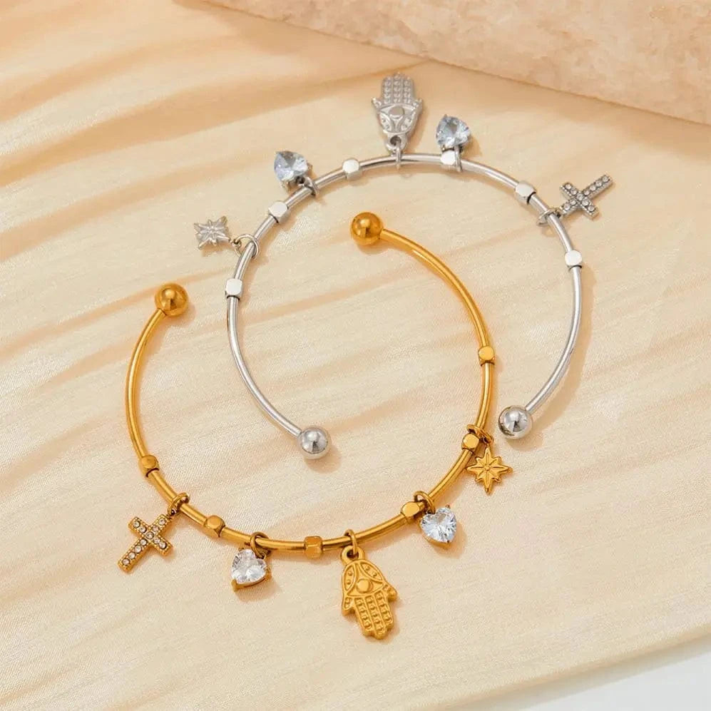 Tarnish Free Gold Plated Open Cuff Bangle Stainless Steel Eye Heart Zircon Cross Hasma Hand North Star Charms Bracelets & Bangle