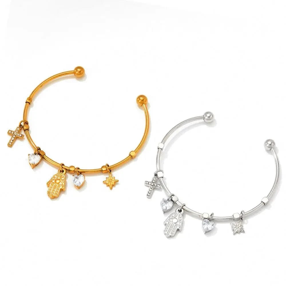 Tarnish Free Gold Plated Open Cuff Bangle Stainless Steel Eye Heart Zircon Cross Hasma Hand North Star Charms Bracelets & Bangle