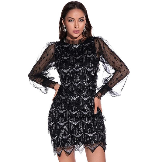 Tassel Embroidered Sequin Dress Sexy Mesh Long Sleeve Women Party Evening Dress 2022 Discounted Price Fashion Full Stand Vintage