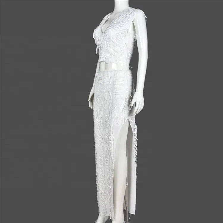 Tassel Maxi Skirt Set Women 2 Pieces 2024 Sexy Sleeveless Crop Top+Side Slit Bodycon Skirt Outfits Elegant Vacation Suit