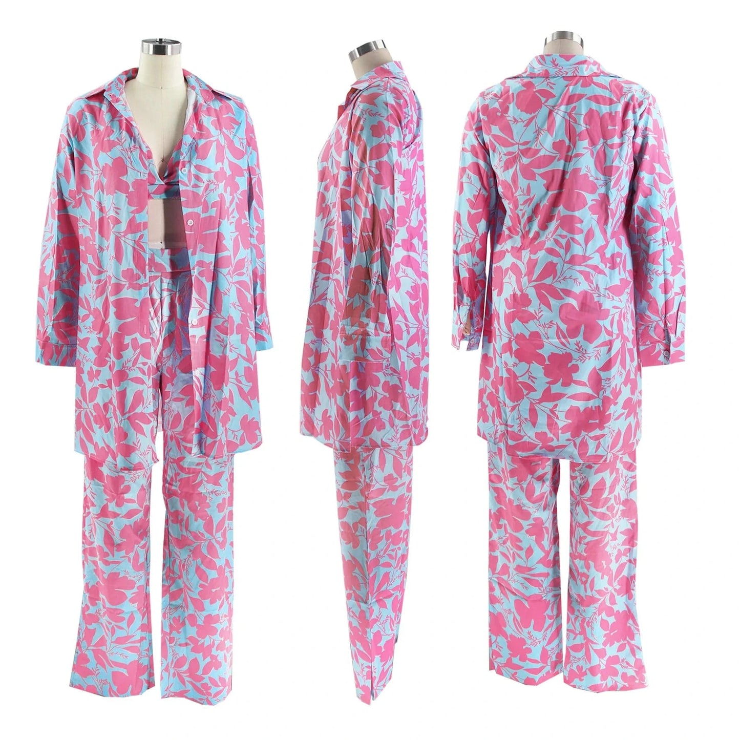 Td2337 New Arrivals Casual Fall 2024 Women Clothes Sexy Bra Printed Long Sleeve Shirts Wide Leg Pants 3 Piece Set Women's Sets