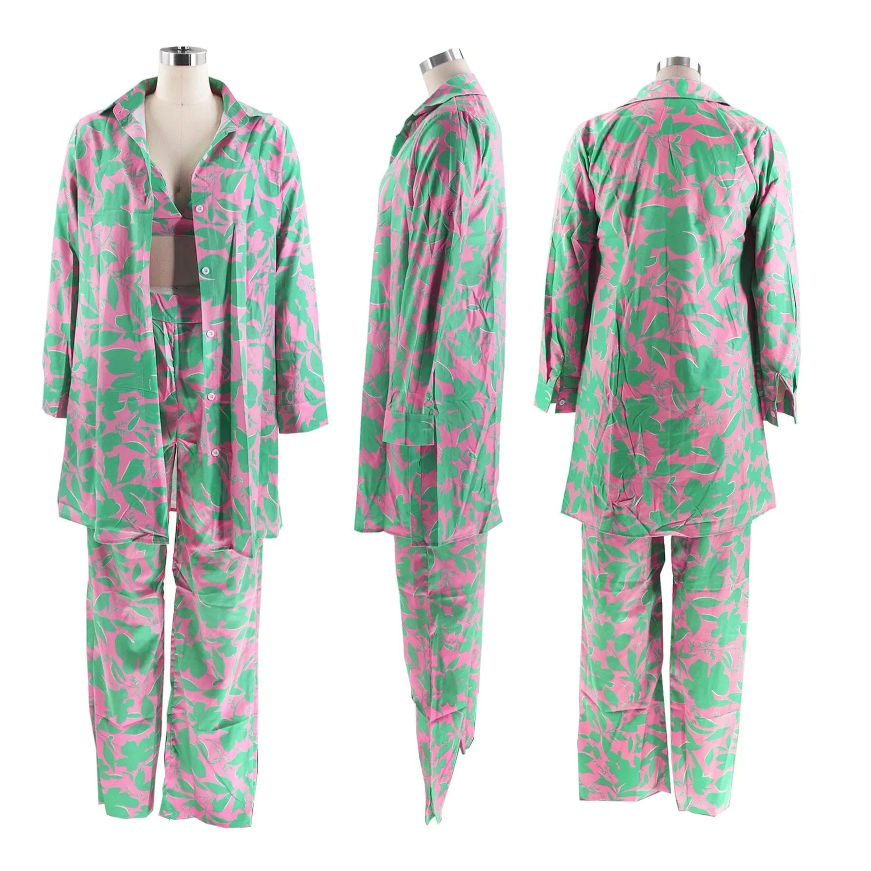 Td2337 New Arrivals Casual Fall 2024 Women Clothes Sexy Bra Printed Long Sleeve Shirts Wide Leg Pants 3 Piece Set Women's Sets