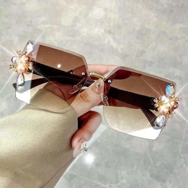 Tea Rhinestone Decor Fashion Fashion Glasses For Women Men Casual Gradient Rimless Glasses For Summer Beach Rave Party