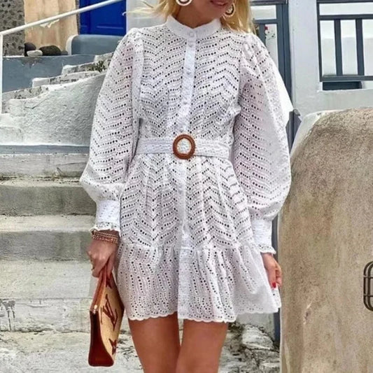 Temperament Celebrity Style Hollow Embroidery Dresses 2022 Autumn New Puff Sleeves Belt Waist Dress Women