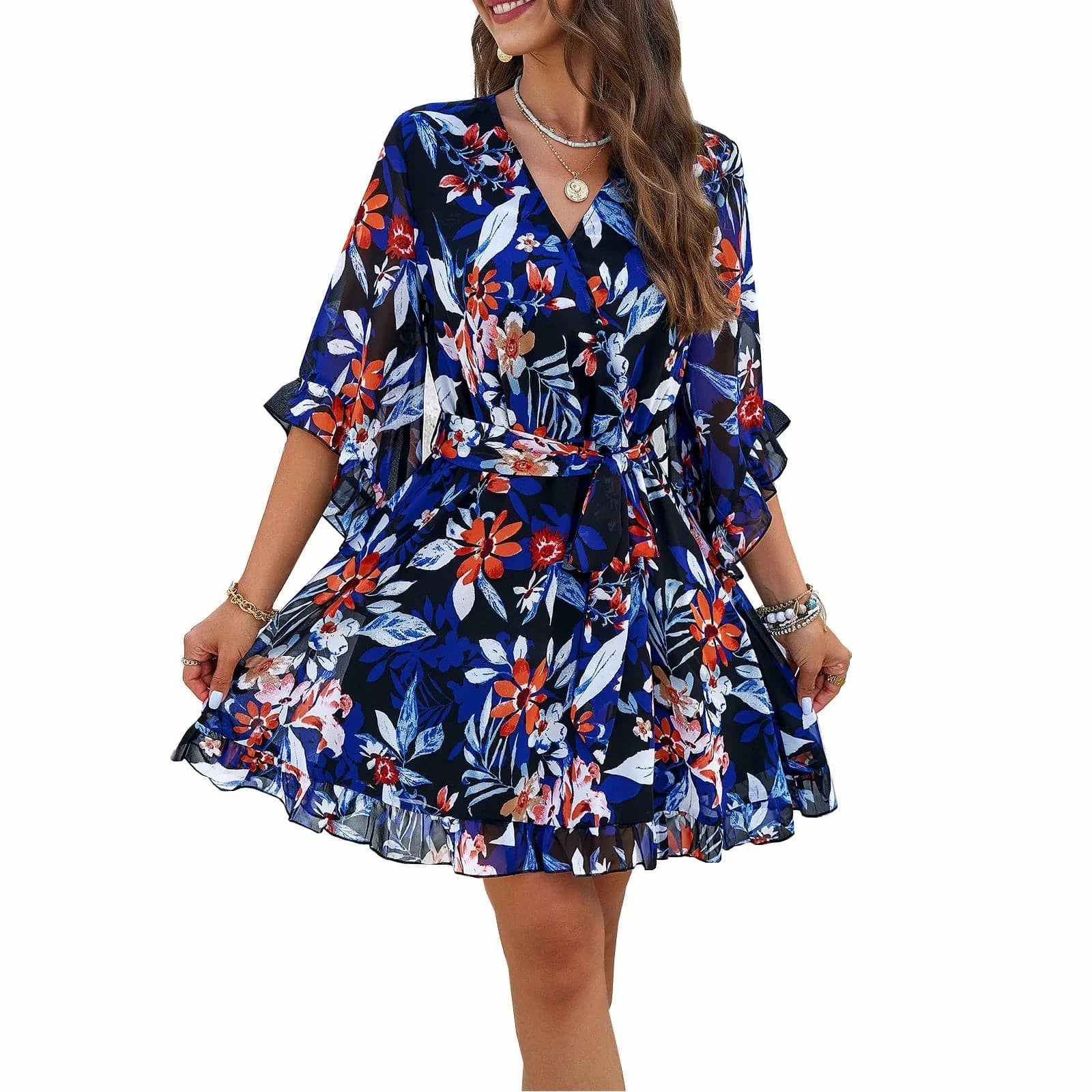 Temperament V Neck Lace Splice Hollow Out Printing High Waist Casual Dress Women Summer New Big Swing Dress
