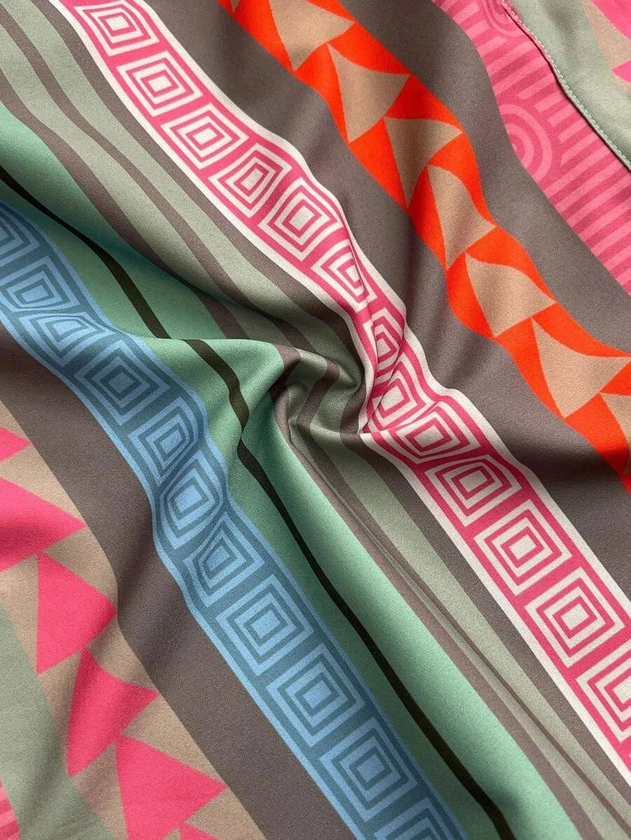 The new summer vacation style French sweet princess sleeve geometric print shirt dress is suitable for casual vacations