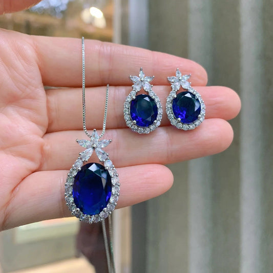 the set 2024 Wholesale African Fine Jewelry Blue Sapphire Zircon Jewelry Set Dubai Gemstone Necklace Earring Bridal Jewellery Set