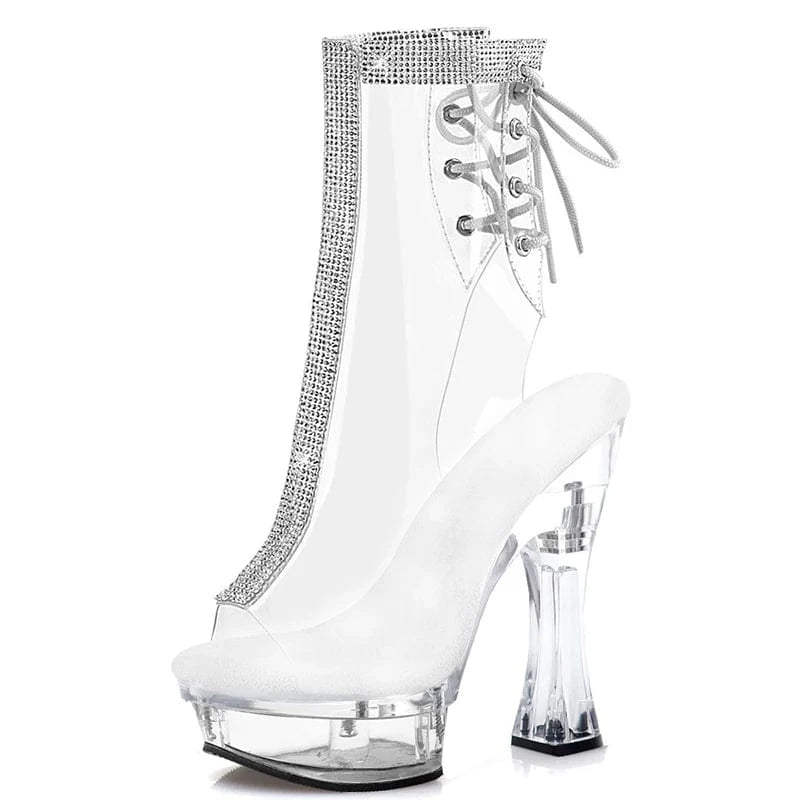 Thick heel 14cm super high heel thick bottom platform short boots open toe pole dance boots sexy rhinestone striptease Nightclub