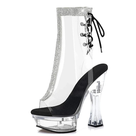 Thick heel 14cm super high heel thick bottom platform short boots open toe pole dance boots sexy rhinestone striptease Nightclub