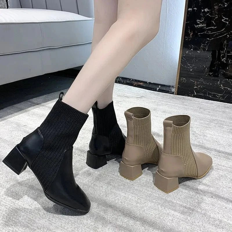 Thick-heeled square-toe one-step fashion boots Women's woolen elastic short tube mid-heel Martin boots