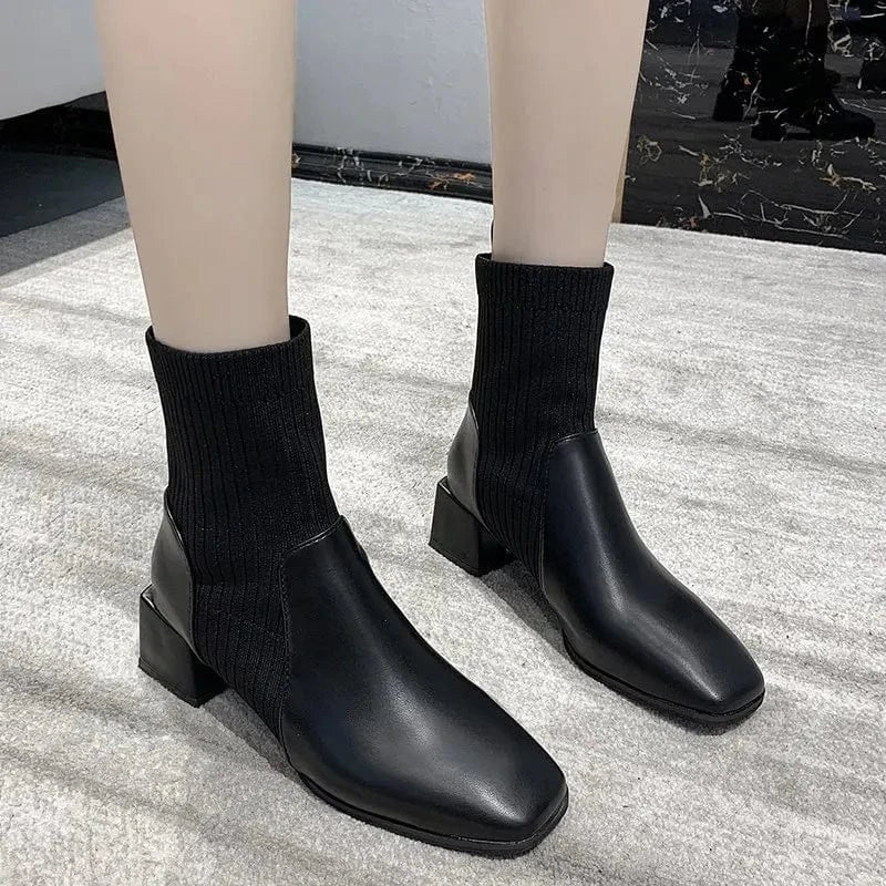 Thick-heeled square-toe one-step fashion boots Women's woolen elastic short tube mid-heel Martin boots