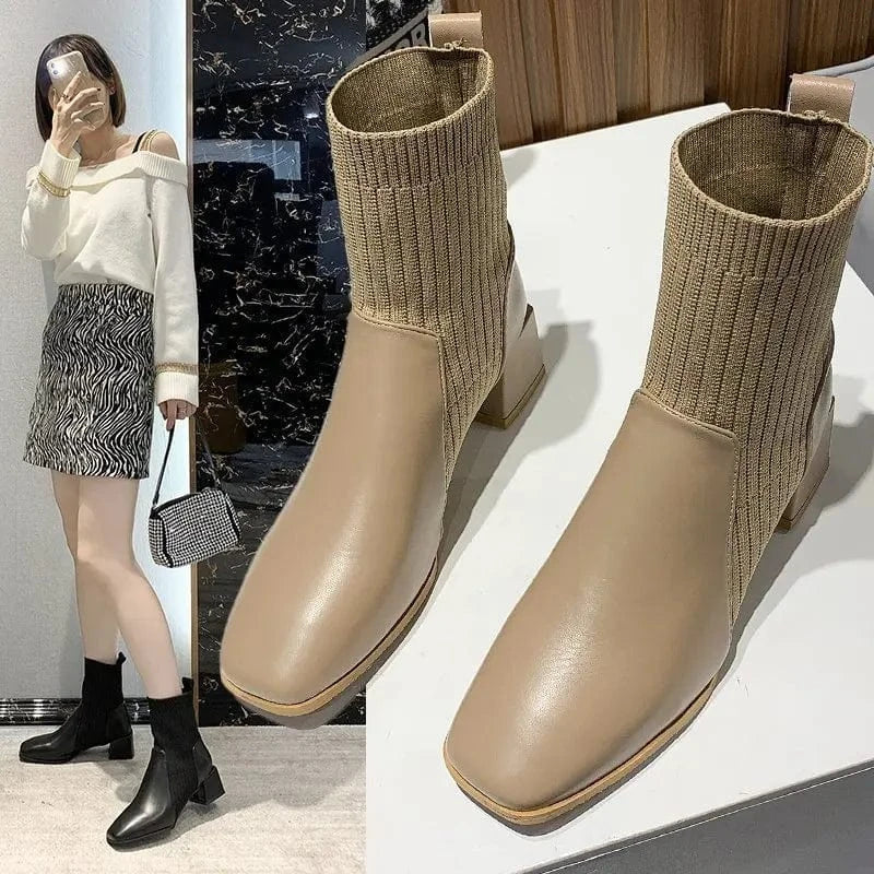 Thick-heeled square-toe one-step fashion boots Women's woolen elastic short tube mid-heel Martin boots
