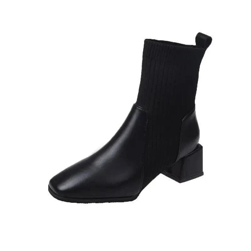 Thick-heeled square-toe one-step fashion boots Women's woolen elastic short tube mid-heel Martin boots
