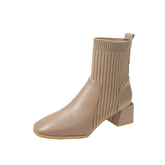 Thick-heeled square-toe one-step fashion boots Women's woolen elastic short tube mid-heel Martin boots