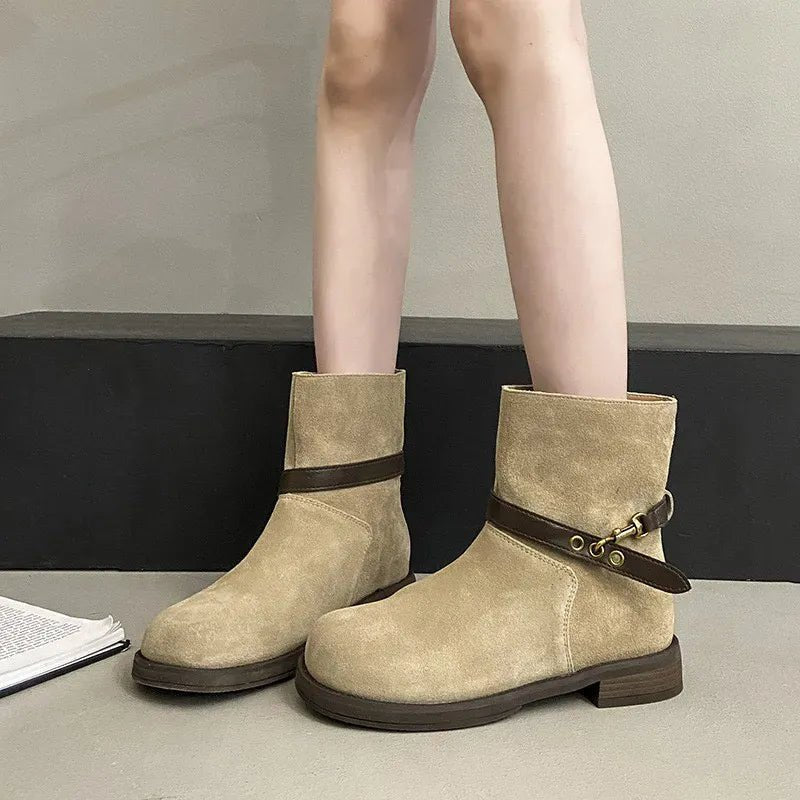 Thick - soled Motorcycle Boots Retro Belt Buckle Thick - heeled Cowboy Boots New Casual Suede High - end Comfort Large - size Women Boot - SN Wigs & More