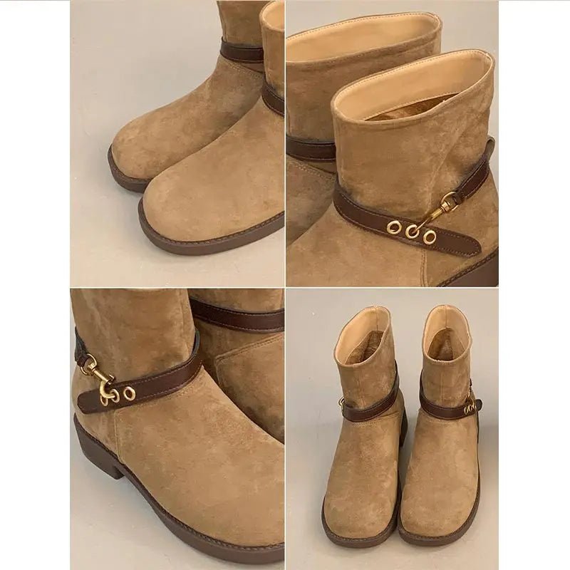 Thick - soled Motorcycle Boots Retro Belt Buckle Thick - heeled Cowboy Boots New Casual Suede High - end Comfort Large - size Women Boot - SN Wigs & More