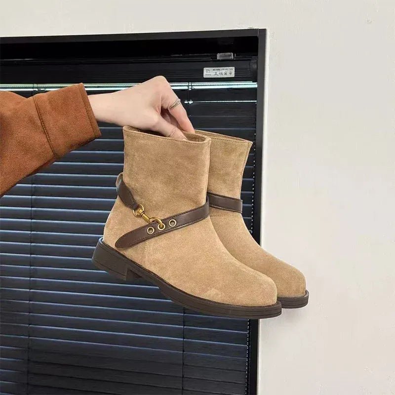Thick - soled Motorcycle Boots Retro Belt Buckle Thick - heeled Cowboy Boots New Casual Suede High - end Comfort Large - size Women Boot - SN Wigs & More