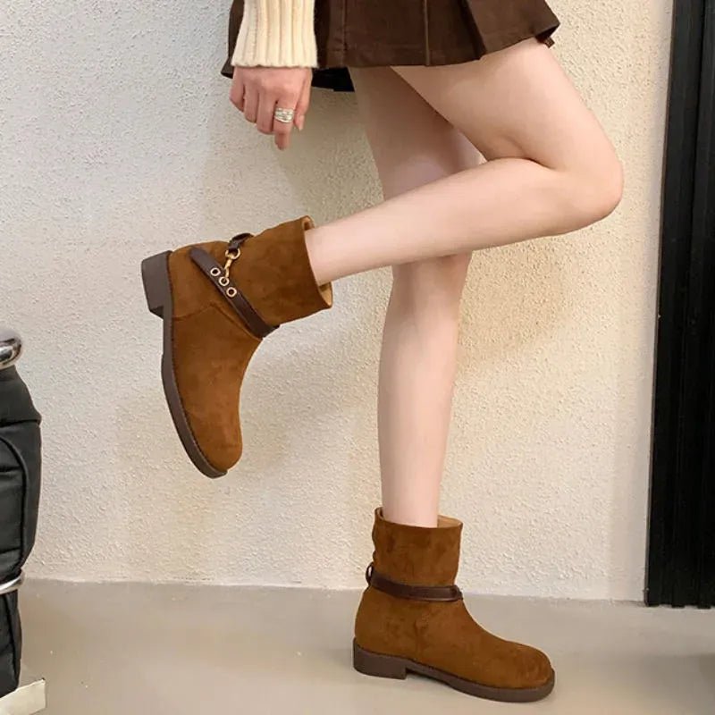 Thick - soled Motorcycle Boots Retro Belt Buckle Thick - heeled Cowboy Boots New Casual Suede High - end Comfort Large - size Women Boot - SN Wigs & More