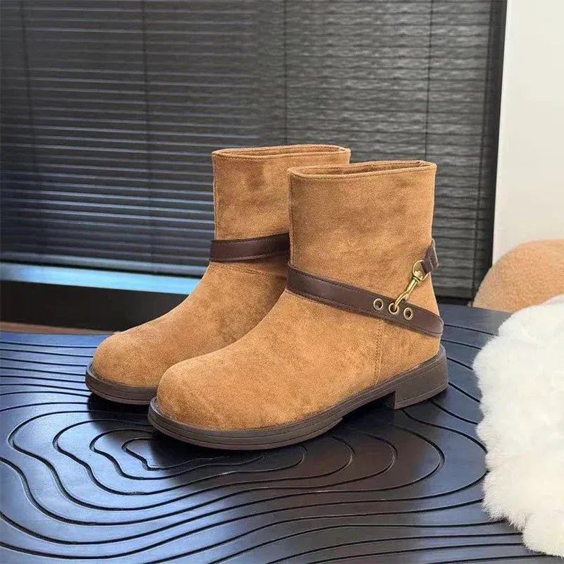 Thick - soled Motorcycle Boots Retro Belt Buckle Thick - heeled Cowboy Boots New Casual Suede High - end Comfort Large - size Women Boot - SN Wigs & More
