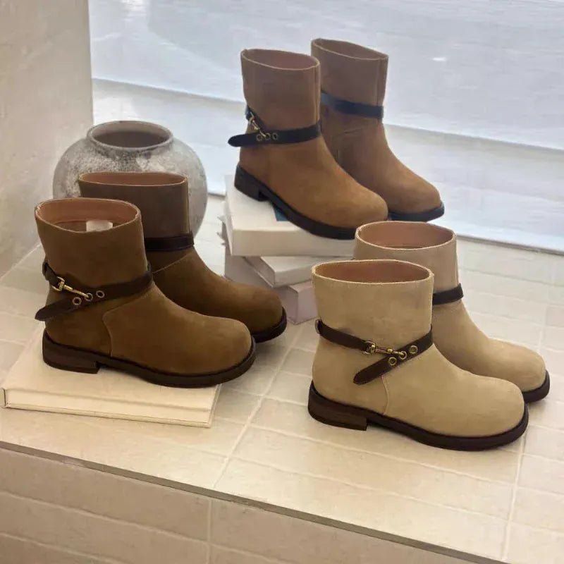 Thick - soled Motorcycle Boots Retro Belt Buckle Thick - heeled Cowboy Boots New Casual Suede High - end Comfort Large - size Women Boot - SN Wigs & More