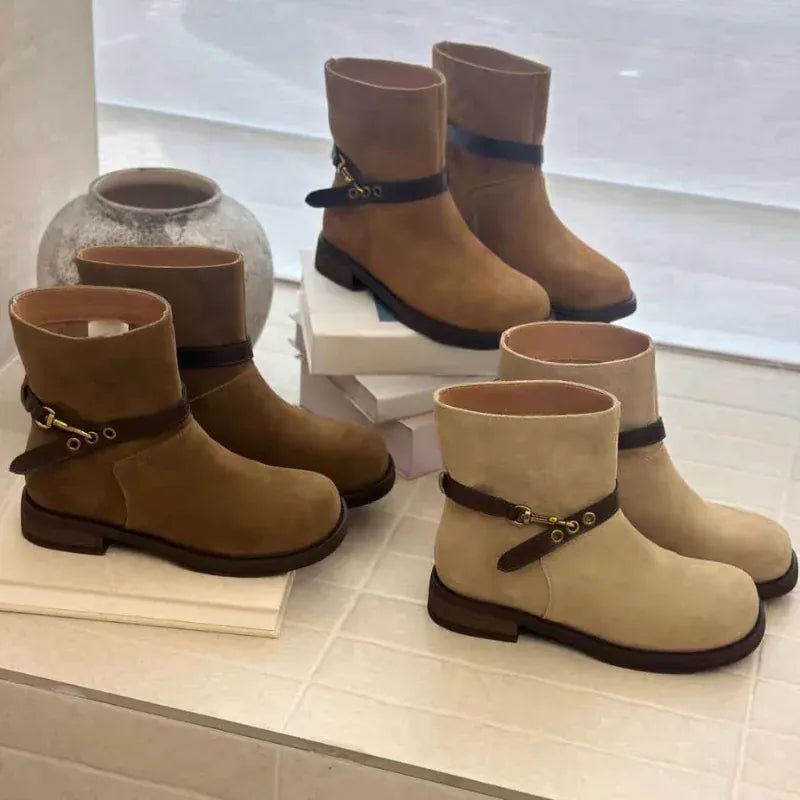 Thick - soled Motorcycle Boots Retro Belt Buckle Thick - heeled Cowboy Boots New Casual Suede High - end Comfort Large - size Women Boot - SN Wigs & More