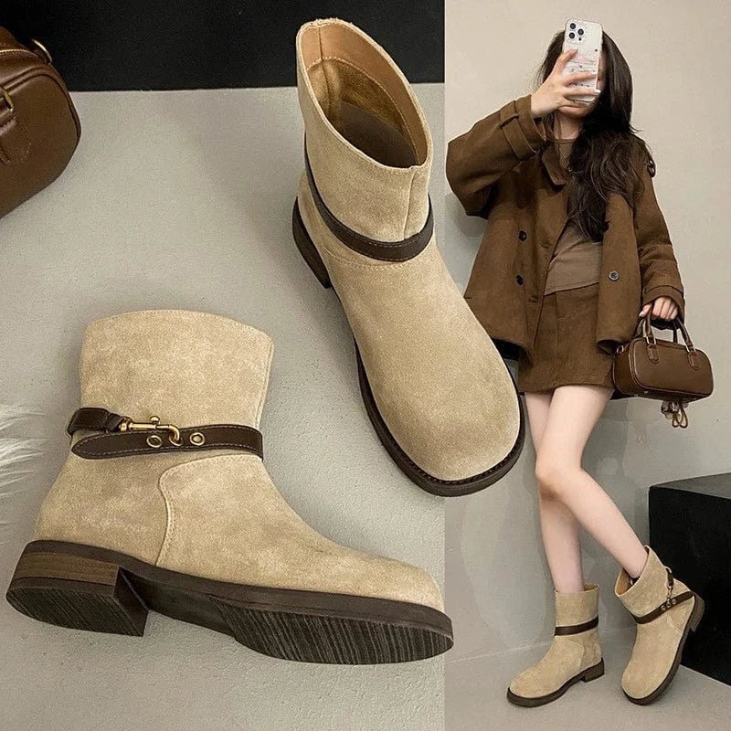 Thick - soled Motorcycle Boots Retro Belt Buckle Thick - heeled Cowboy Boots New Casual Suede High - end Comfort Large - size Women Boot - SN Wigs & More