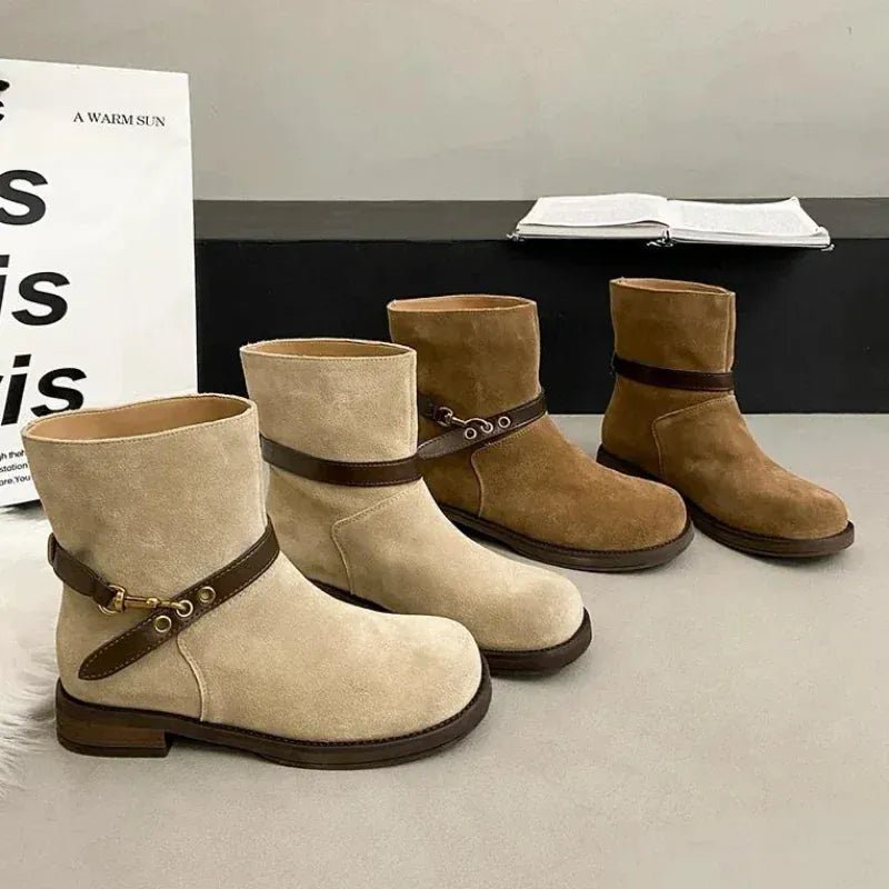 Thick - soled Motorcycle Boots Retro Belt Buckle Thick - heeled Cowboy Boots New Casual Suede High - end Comfort Large - size Women Boot - SN Wigs & More